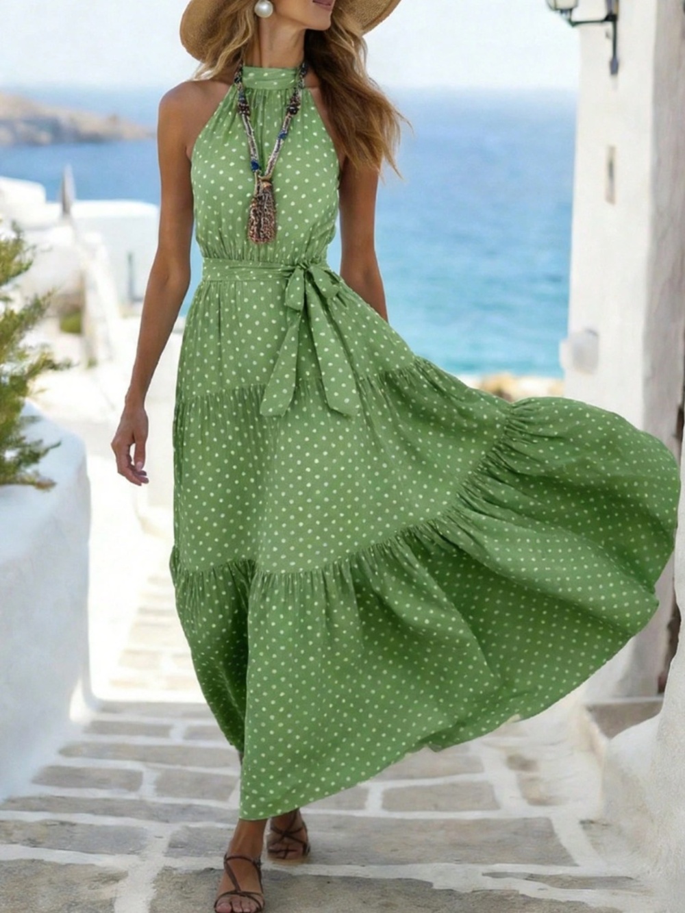 Polka Dot Green Boho Style Maxi Belted Halter Dress - Picture 6 of 8